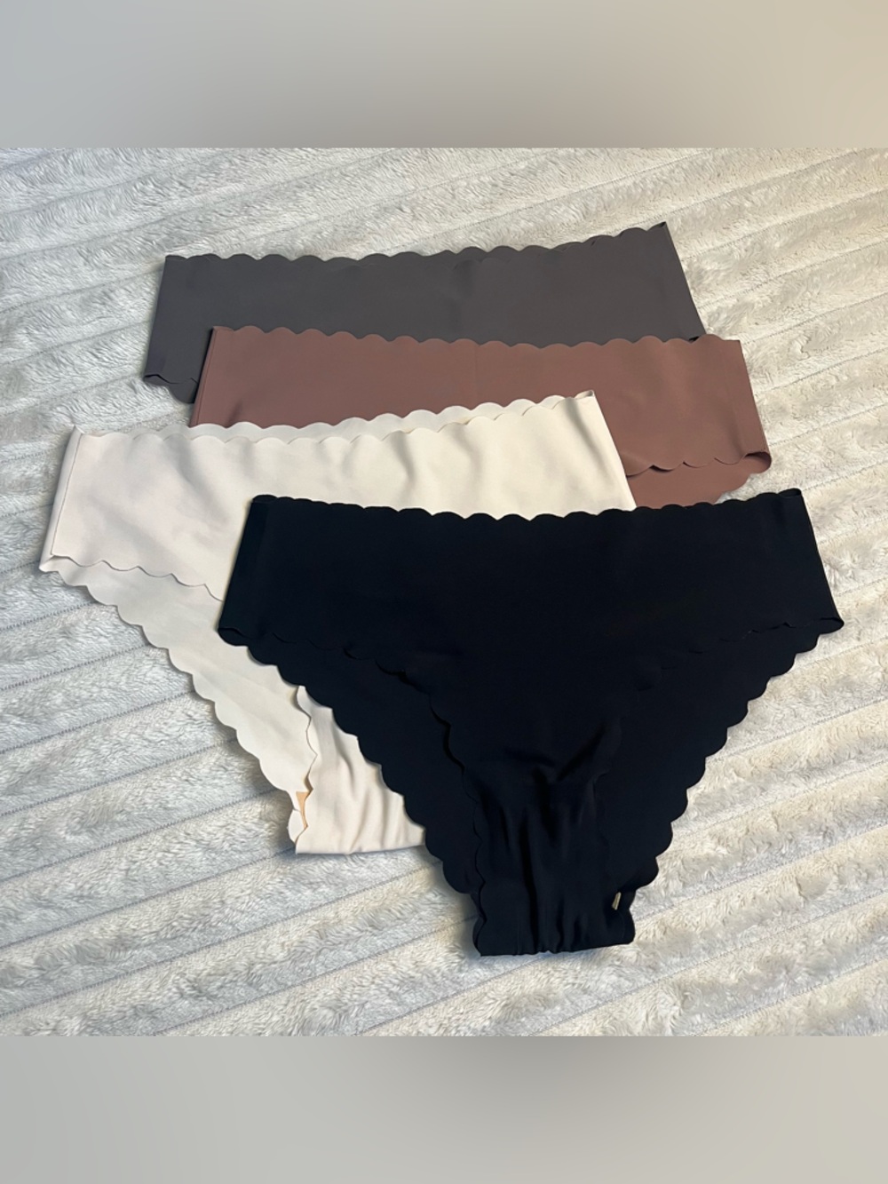 Women’s Seamless Scalloped Edge Bikini Briefs • 4 Pack Black, Cream, Brown, Gray
